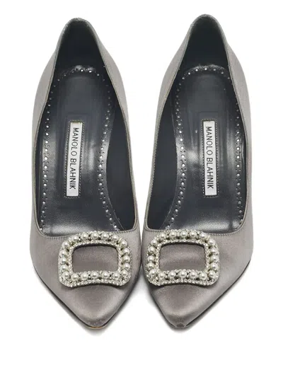 Pre-owned Manolo Blahnik Fabeta Satin Embellishment Pumps In Gray