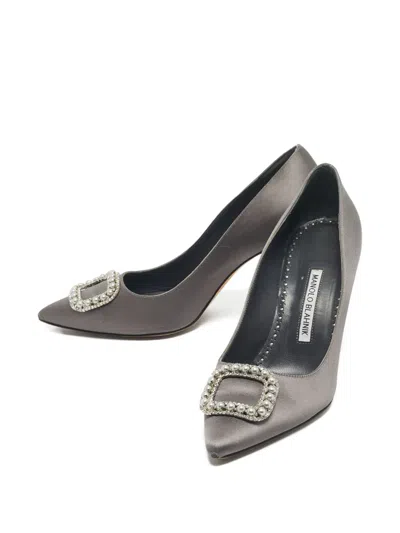 Pre-owned Manolo Blahnik Fabeta Satin Embellishment Pumps In Gray