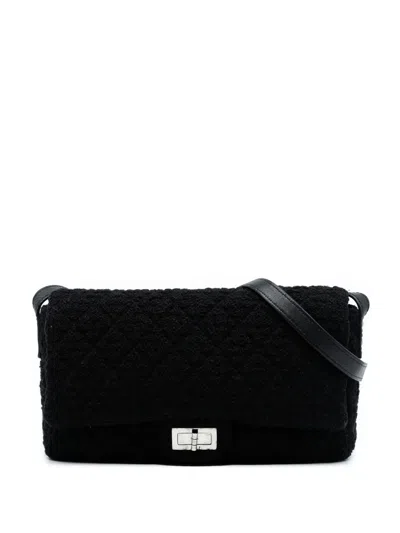 Pre-owned Chanel 2009-2010 Jumbo Reissue 2.55 Quilted Tweed Easy Messenger Flap Crossbody Bag In Black