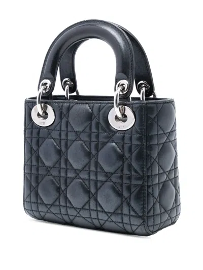 Pre-owned Dior 2015 Mini Iridescent Lambskin Cannage Lady  Satchel In Black