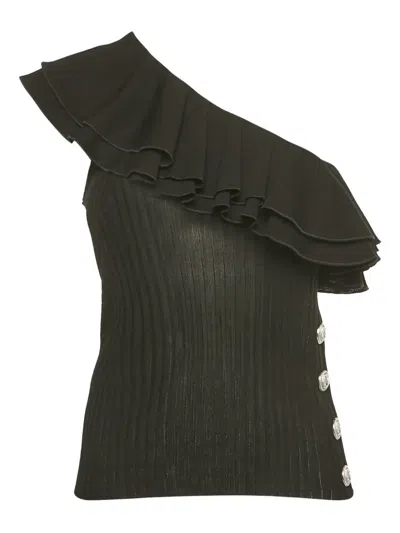 Pre-owned Balmain Ruffled Ribbed Top In Black