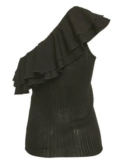 Pre-owned Balmain Ruffled Ribbed Top In Black