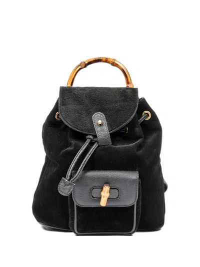 Pre-owned Gucci Suede Bamboo-handle Backpack In Black
