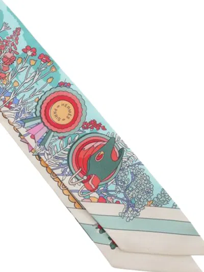 Pre-owned Hermes 2024-2025 Pony Pit Stop Silk Twilly Scarf Scarves In Green