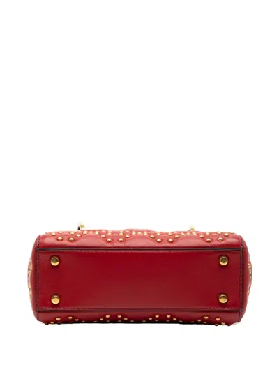 Pre-owned Dior 2017 Mini Lambskin Cannage Studded Supple Lady  Satchel In Red