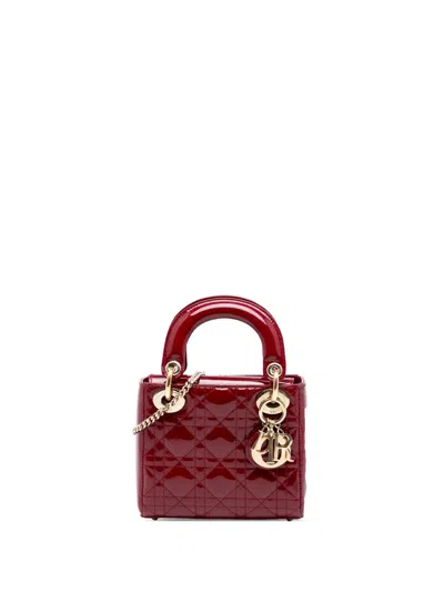 Pre-owned Dior 2016 Mini Patent Cannage Lady  Satchel In Red