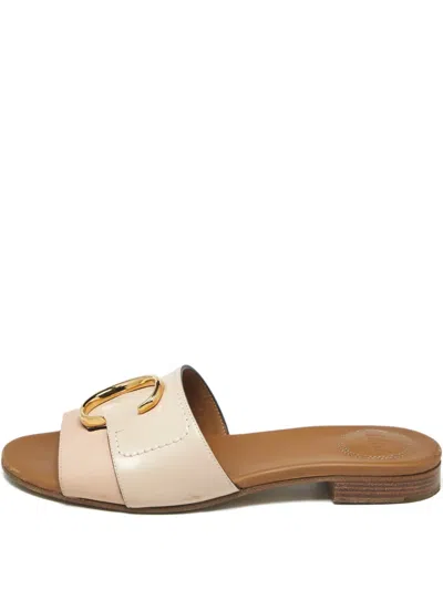 Pre-owned Chloé Logo-detail Leather Slides In Neutral