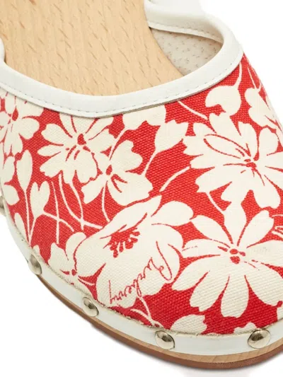 Pre-owned Burberry Floral-print Leather Mules In Red