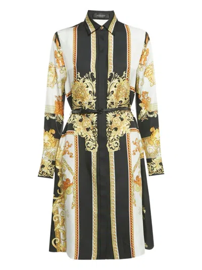 Pre-owned Versace Barocco-print Belt Shirt Dress In Black