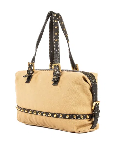 Pre-owned Fendi Herringbone-pattern Studded Shoulder Bag In Neutral