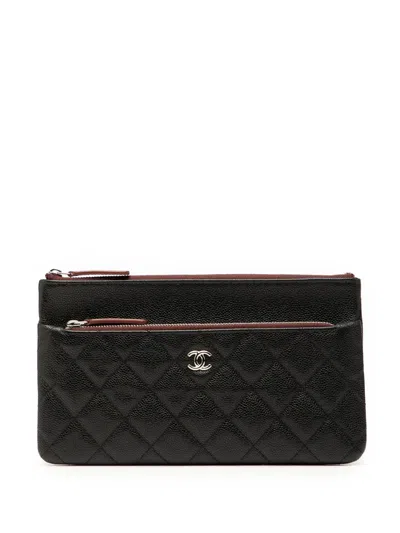 Pre-owned Chanel 2020 Quilted Caviar Double Zip Cosmetic Case Clutch Bag In Black