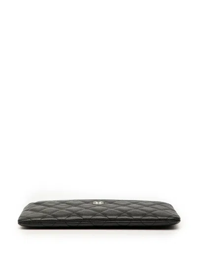Pre-owned Chanel 2020 Quilted Caviar Double Zip Cosmetic Case Clutch Bag In Black
