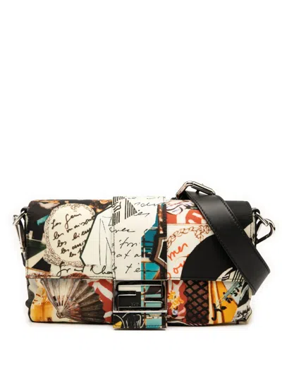 Pre-owned Fendi 2010-2025 Nylon Karl Kollage Convertible Baguette Satchel In Black