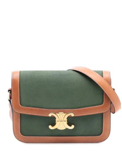 Pre-owned Celine 2019 Teen Canvas And Calfskin Triomphe Crossbody Bag In Green