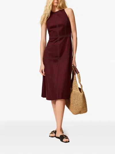 Twinset Embroidery Suede Midi Dress In Brown