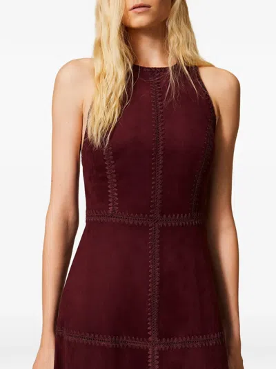 Twinset Embroidery Suede Midi Dress In Brown