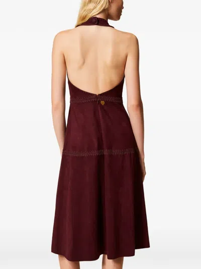 Twinset Embroidery Suede Midi Dress In Brown