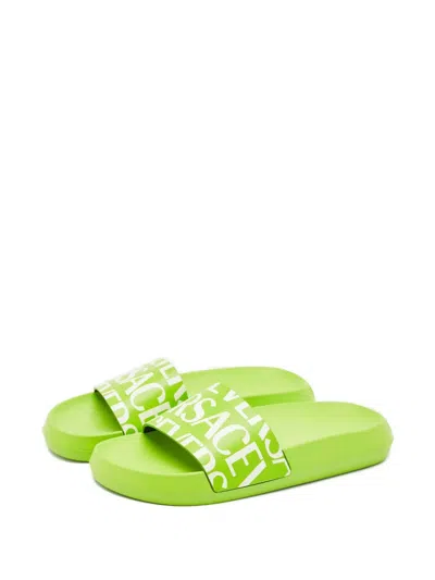 Pre-owned Versace Leather Slides In Green