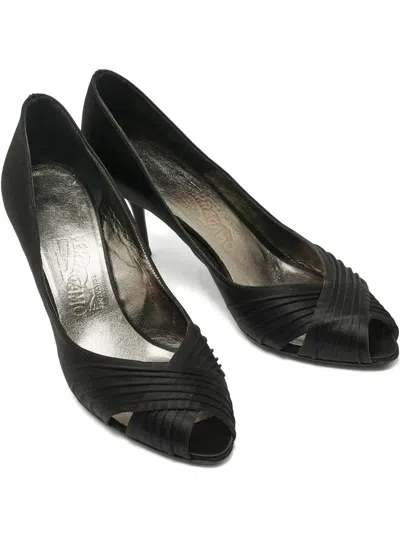 Pre-owned Ferragamo Societe Pleated Peep-toe Pumps In Black
