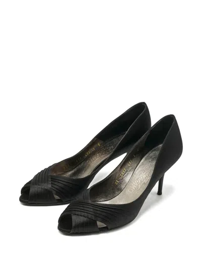 Pre-owned Ferragamo Societe Pleated Peep-toe Pumps In Black