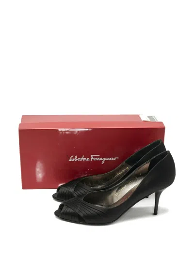 Pre-owned Ferragamo Societe Pleated Peep-toe Pumps In Black