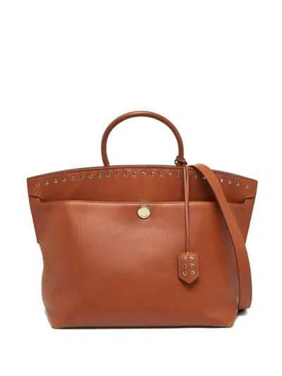 Pre-owned Burberry Society Studded Leather Tote Bag In Brown
