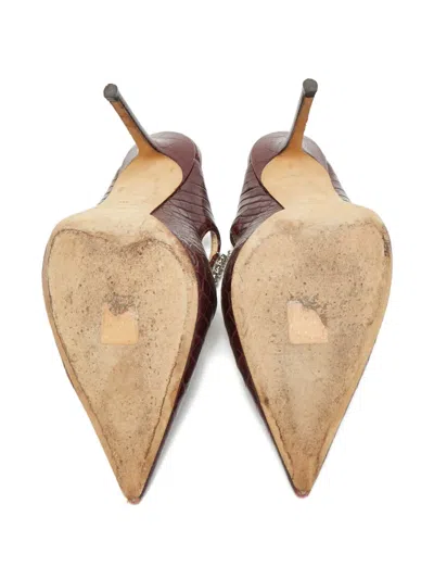 Pre-owned Jimmy Choo Bing 100 Croc-embossed Crystal-embellished Mules In Red