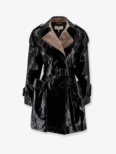 Chloé Coated Linen Trench With Wool Blend Details In Black