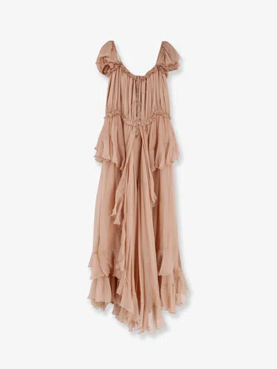 Chloé Silk Ruffled Dress In Brown