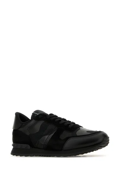 Valentino Garavani Black Fabric And Leather Rockrunner Camouflage Sneakers In Multi