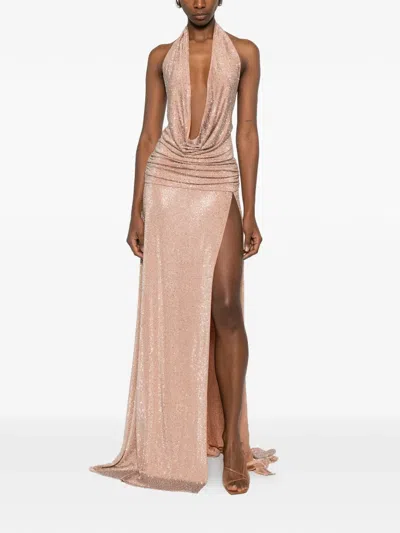 The New Arrivals Ilkyaz Ozel Tanit In Chaos Magicka Halter-neck Embellished Maxi Dress In Pink