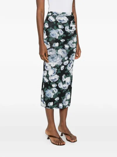 Stella Mccartney Ruched Floral-print Stretch-mesh Midi Skirt In Black