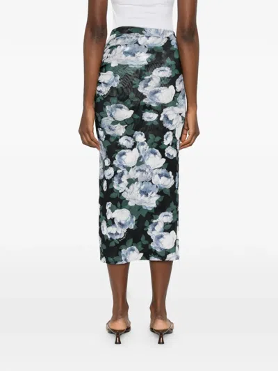 Stella Mccartney Ruched Floral-print Stretch-mesh Midi Skirt In Black