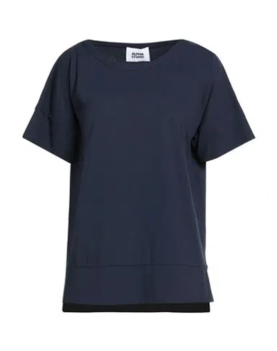 Alpha Studio Woman T-shirt Navy Size 6 Cotton, Elastane In Multi