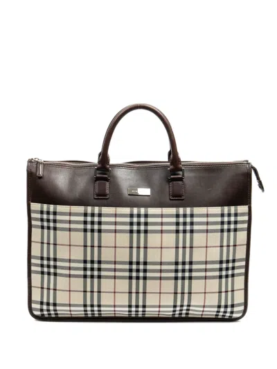Pre-owned Burberry Check-pattern Leather-trimmed Laptop Bag In Neutral