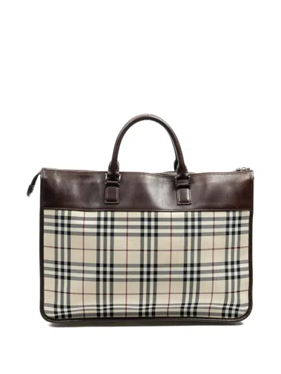 Pre-owned Burberry Check-pattern Leather-trimmed Laptop Bag In Neutral