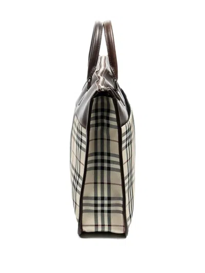 Pre-owned Burberry Check-pattern Leather-trimmed Laptop Bag In Neutral