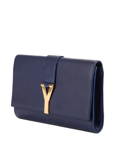 Pre-owned Saint Laurent Logo-plaque Clutch Bag In Blue