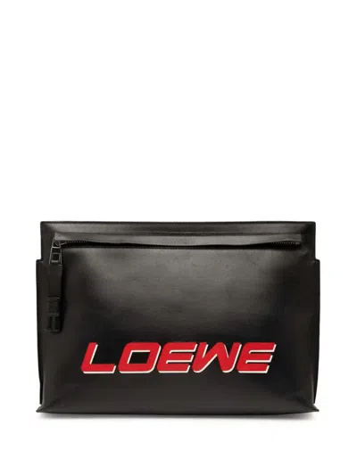 Pre-owned Loewe 2016 Leather Logo T Pouch Clutch Bag In Black