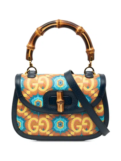 Pre-owned Gucci 2016-2025 100th Anniversary Medium Gg Coated Canvas Kaleidoscope 1947 Bamboo Top Handle Bag Satchel In Blue