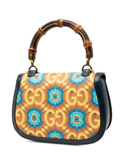 Pre-owned Gucci 2016-2025 100th Anniversary Medium Gg Coated Canvas Kaleidoscope 1947 Bamboo Top Handle Bag Satchel In Blue