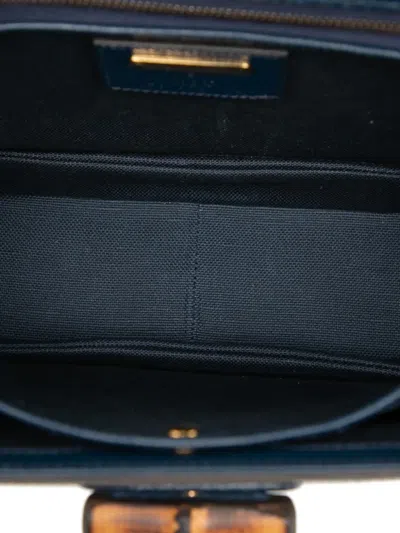 Pre-owned Gucci 2016-2025 100th Anniversary Medium Gg Coated Canvas Kaleidoscope 1947 Bamboo Top Handle Bag Satchel In Blue