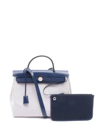 Pre-owned Hermes 2021 Toile Quadrille Vache Herbag Zip 31 Satchel In Blue