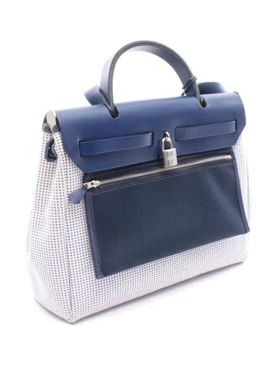 Pre-owned Hermes 2021 Toile Quadrille Vache Herbag Zip 31 Satchel In Blue
