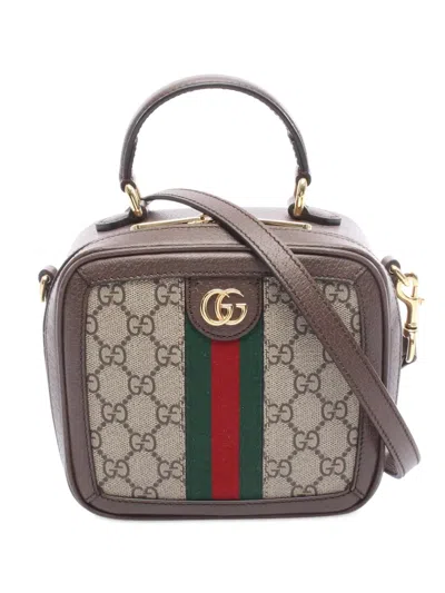 Pre-owned Gucci 2016-2025 Mini Gg Supreme Ophidia Top Handle Satchel In Brown