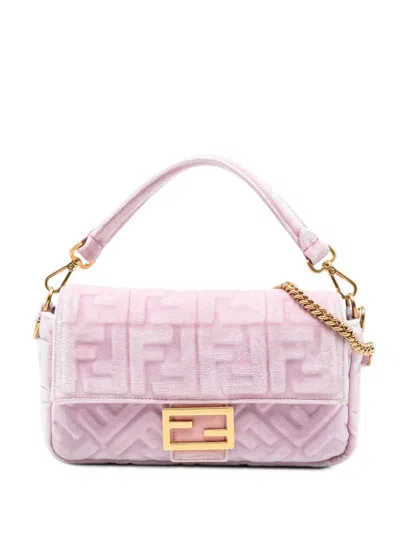 Pre-owned Fendi 2010-2025 Zucca Embossed Velvet Baguette Satchel In Pink