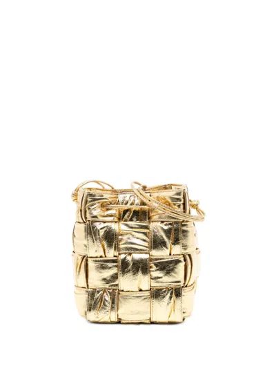 Pre-owned Bottega Veneta 2012-2025 Small Metallic Crushed Nappa Maxi Intrecciato Cassette Bucket Bag In Gold