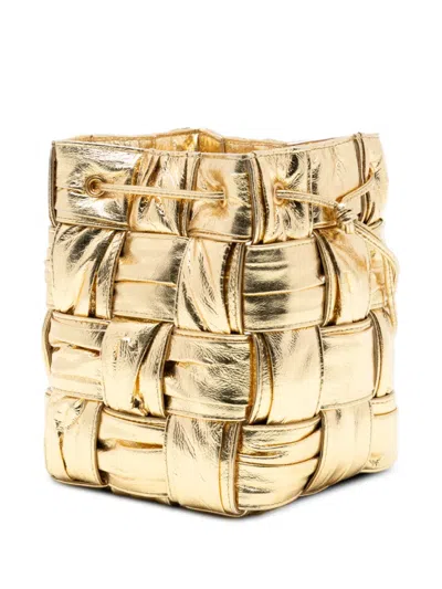 Pre-owned Bottega Veneta 2012-2025 Small Metallic Crushed Nappa Maxi Intrecciato Cassette Bucket Bag In Gold