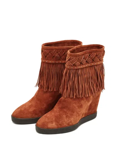 Pre-owned Le Silla Fringed Suede Boots In Brown