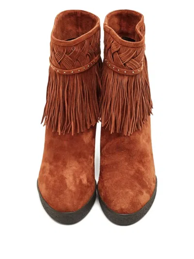Pre-owned Le Silla Fringed Suede Boots In Brown